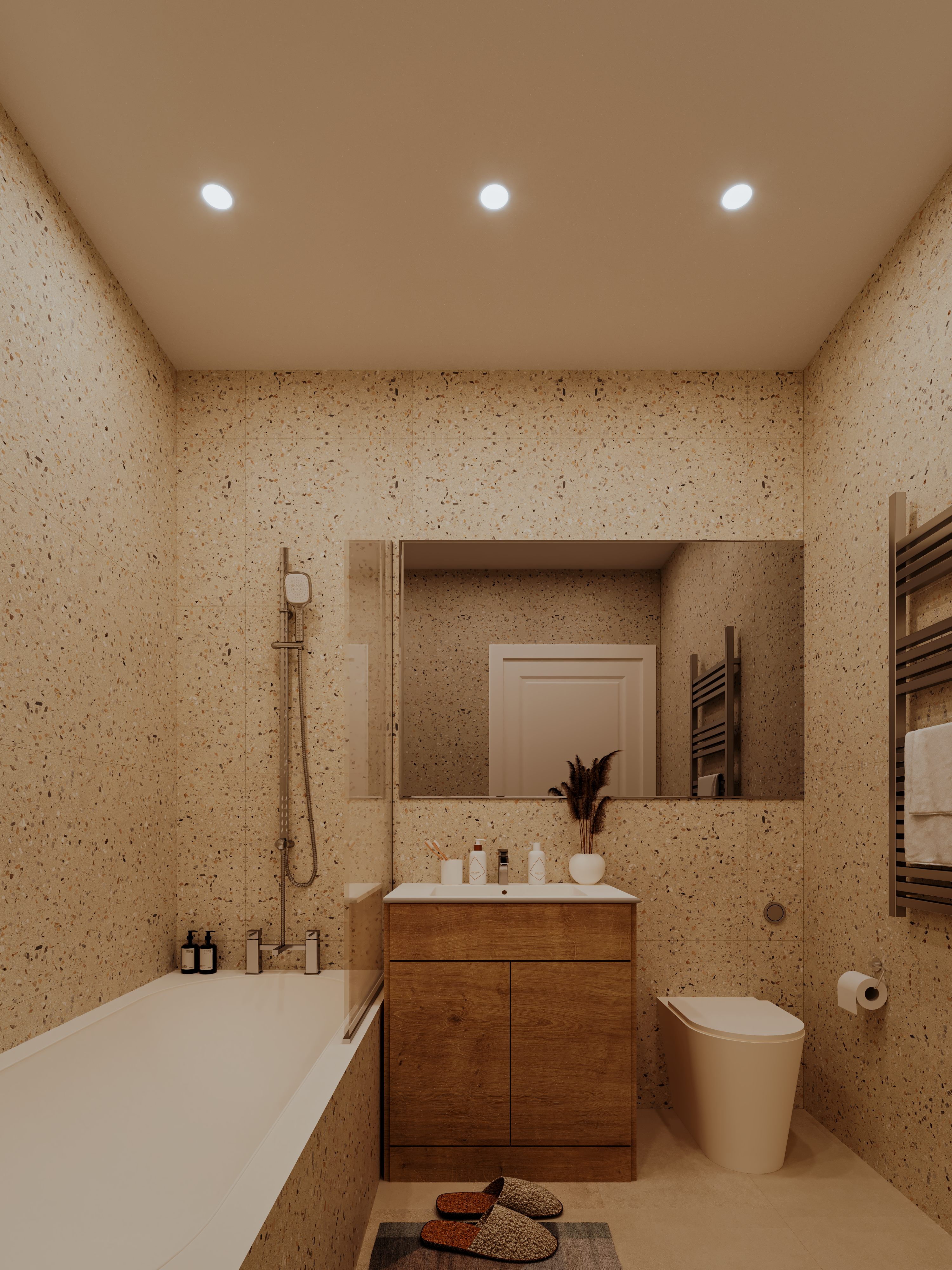 CGI bathroom terrazzo tiling and timber vanity
